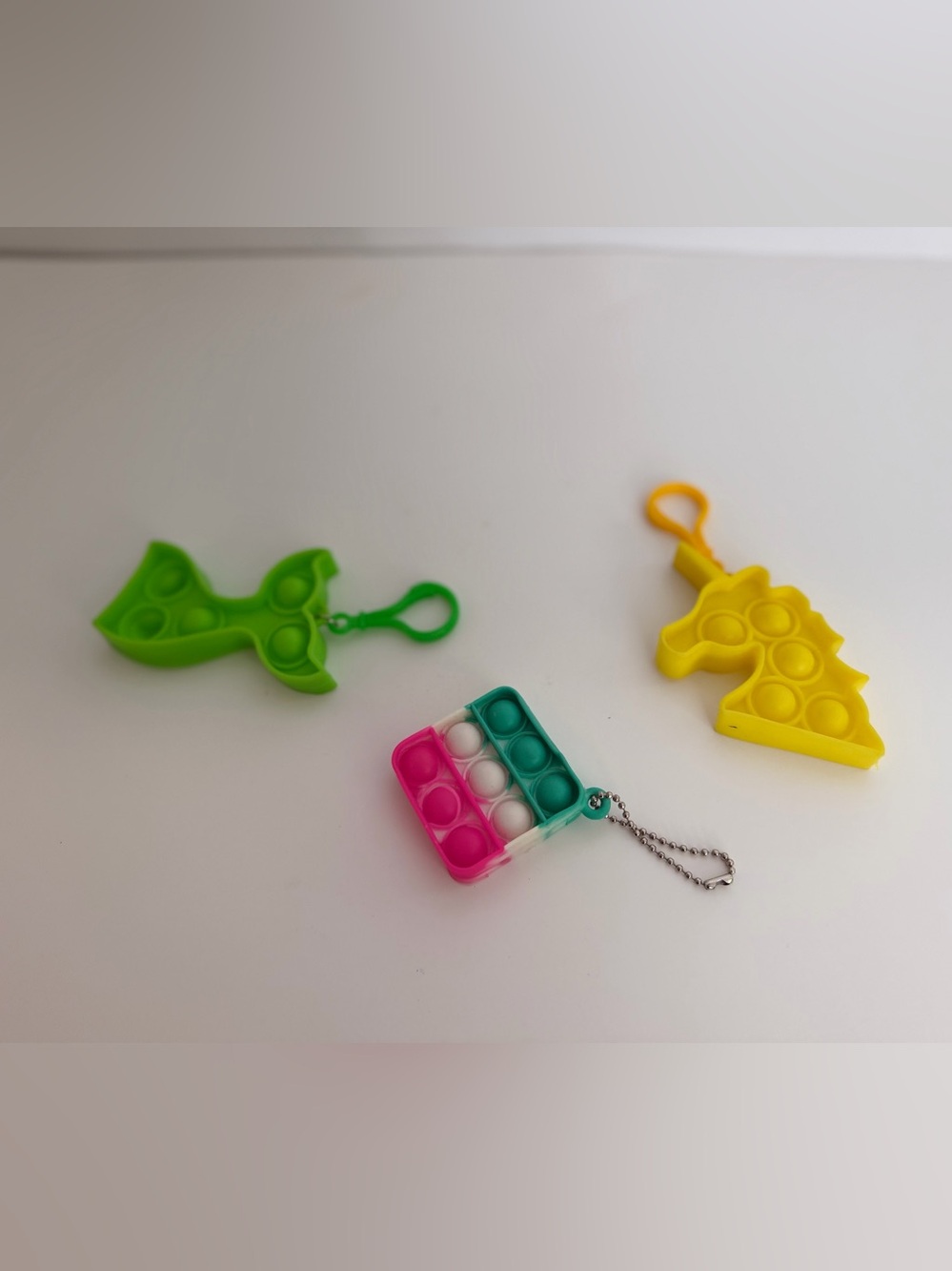 Lot of 3 Mini Pop It Tactile Sensory Toys w/ Keychain Clips, Green Pink Yellow
